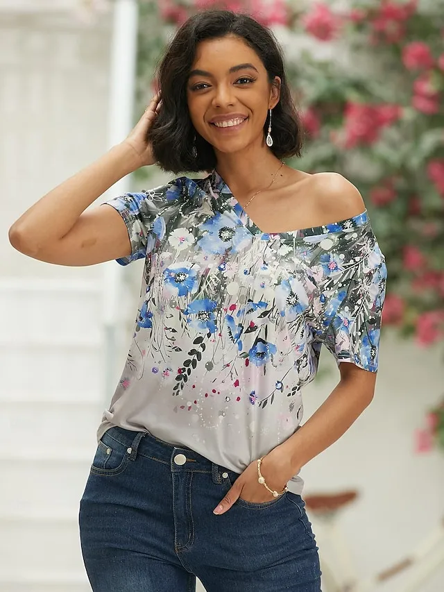 Women's T shirt Tee Floral Holiday Weekend Pink Blue Green Print Short Sleeve Basic V Neck Regular Fit