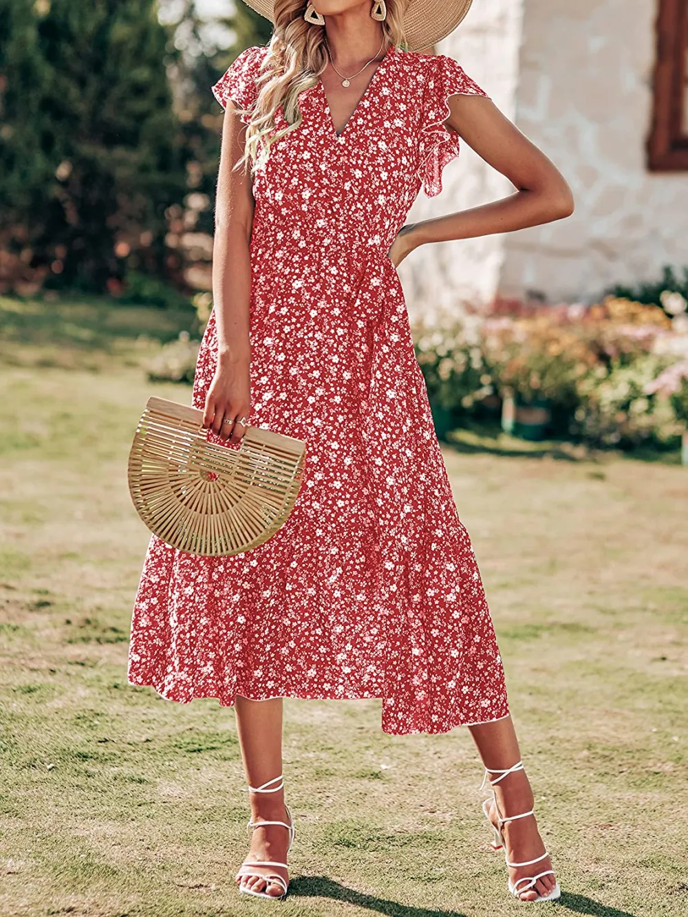 Women Summer Bohemian Floral Casual Wrap V Neck Ruffle Cap Sleeveless Belt A-Line Pleated Hem Swing Midi Sun Dress