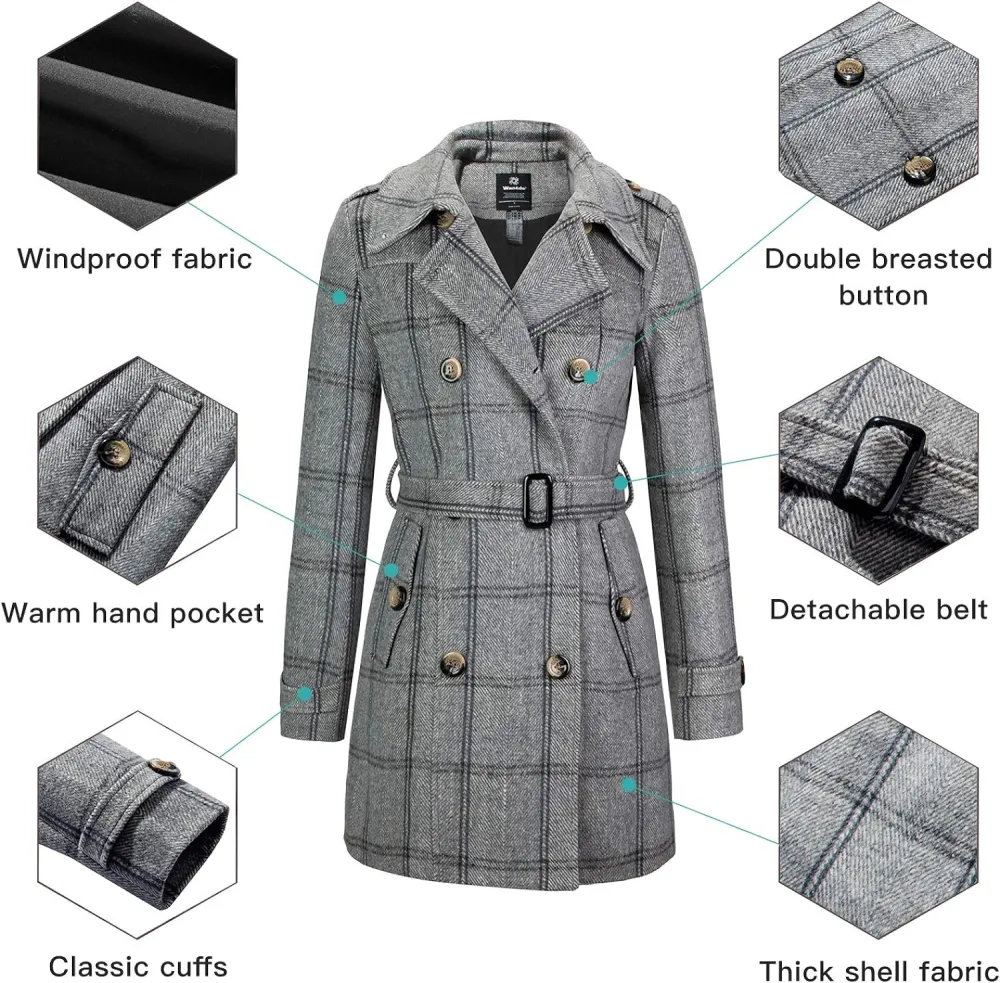 Women's Double Breasted Pea Coat Winter Mid-Long Trench Coat with Belt
