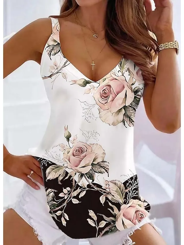 Women's Tank Top Black White Yellow Floral Print Sleeveless Casual Holiday Tunic Basic V Neck Regular Fit Floral