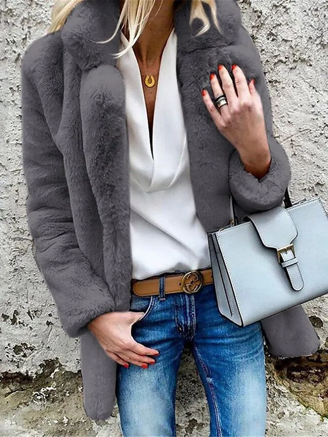 Women's Fleece Jacket Teddy Coat Warm Breathable Street Daily Wear Vacation Going out Fleece Lined Open Front Turndown Casual Street Style Plain Regular Fit Outerwear Long Sleeve Fall Winter White