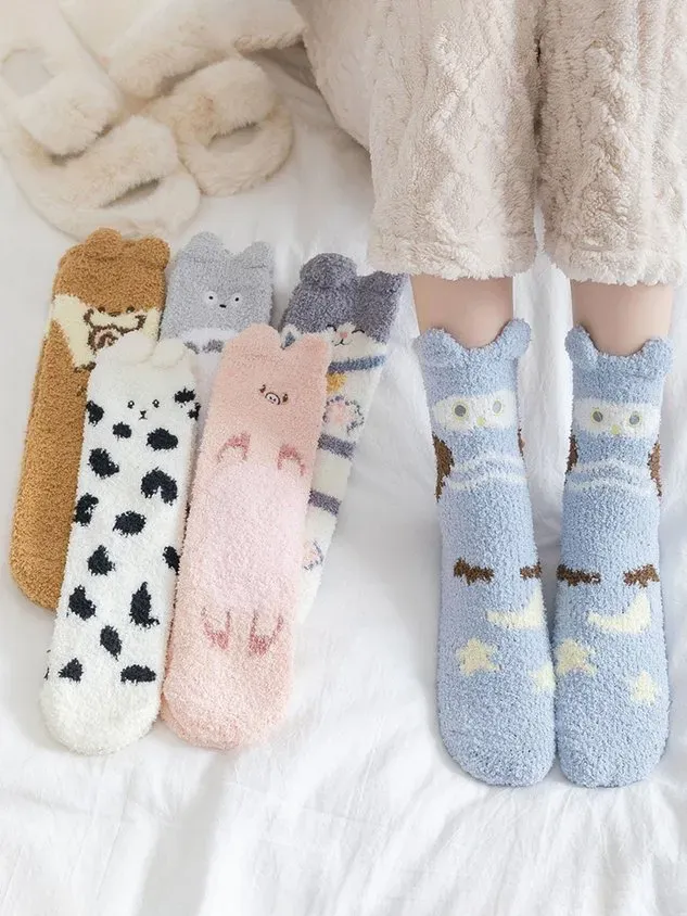Cat Dog Pika Pet Cute Shape Thickened Warm Coral Fleece Floor Socks