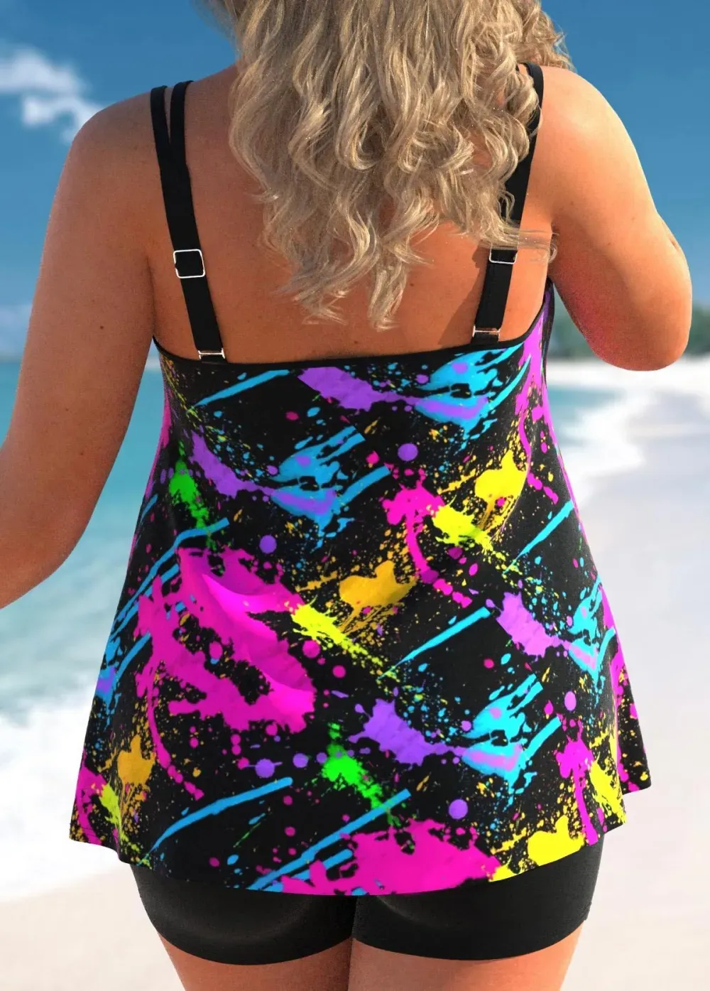 PLUS SIZE GRAFFITI PRINT BLACK TANKINI SET