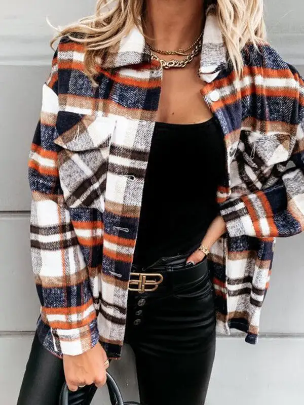 Long Sleeve Plaid Print Casual Jacket