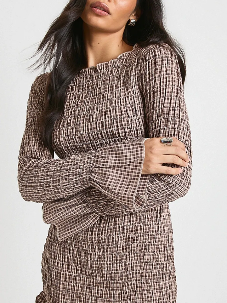 Women's Brown Plaid Ruched Ruffle Dress