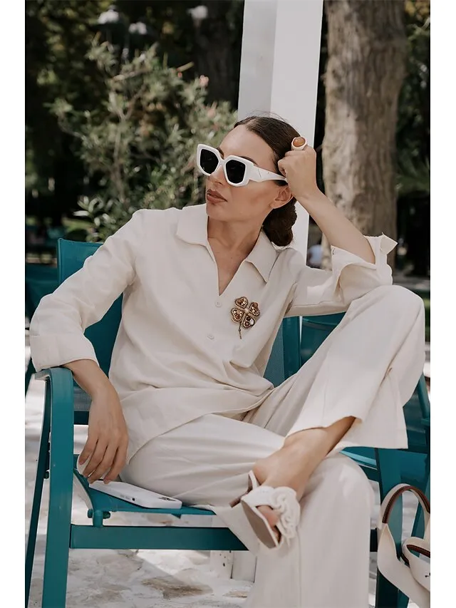 Women's Shirt Pants Sets Black Dark Navy Camel Plain Long Sleeve Casual Daily Vintage Fashion Streetwear V Neck Regular Fit Fall & Winter