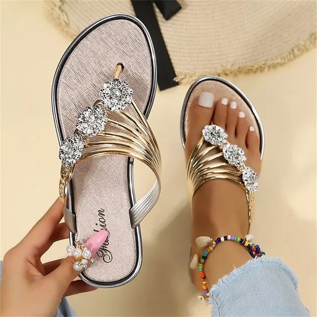 Women's Slippers Flip-Flops Outdoor Slippers Beach Slippers Outdoor Beach Summer Rhinestone Flat Heel Elegant Casual Faux Leather Loafer Solid Color Silver Black Gold