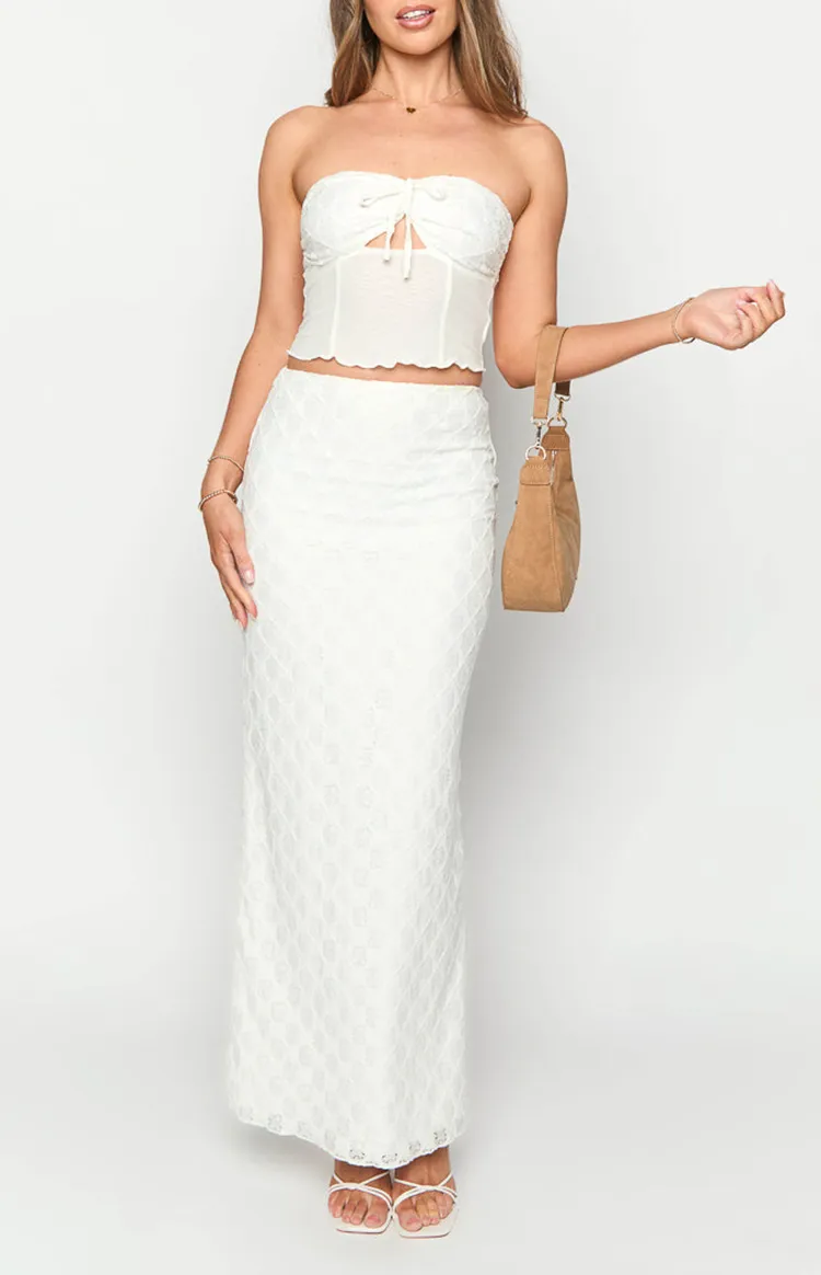 White Textured High Waist Midi Skirt