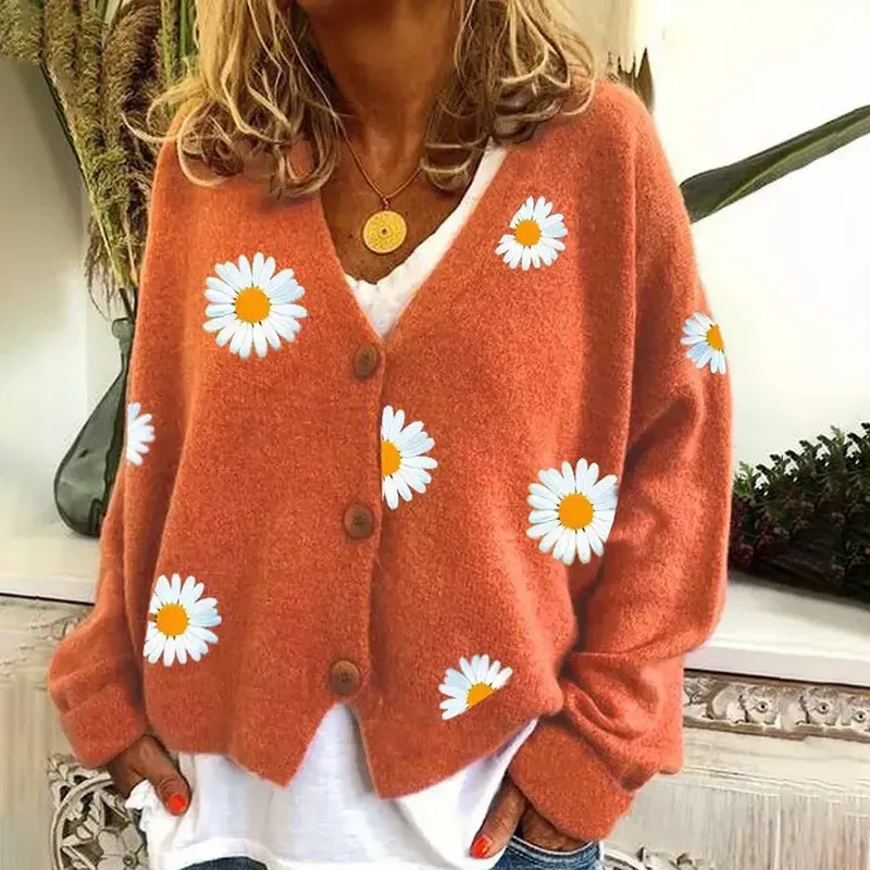 Vintage Single-Breasted Daisy Jacquard Sweater Cardigan