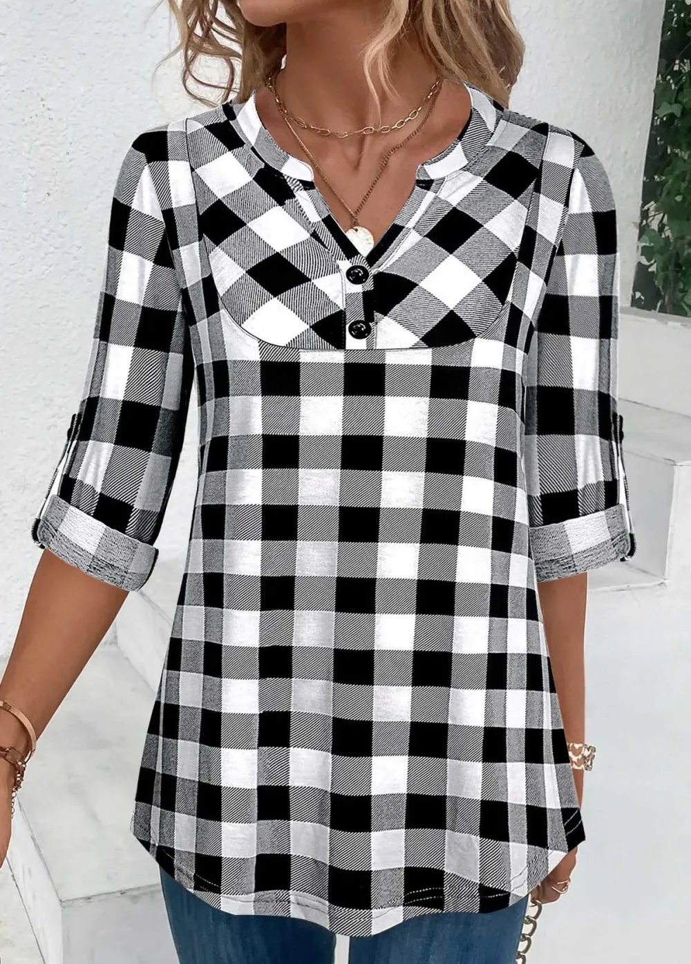 Black Button Plaid Three Quarter Length Sleeve Blouse