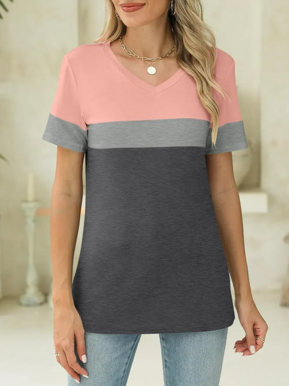 ORANDESIGNE Women's Color Block Short Sleeve T Shirts Casual V Neck Summer Tops Tees Loose Fit Blouses