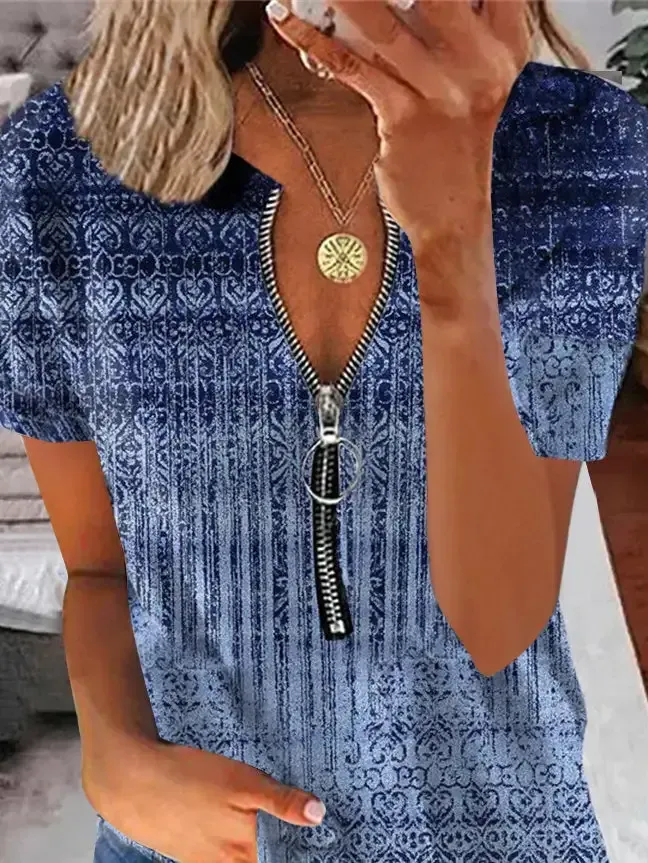 Women's Short Sleeve V-neck Graphic Printed Zipper Top