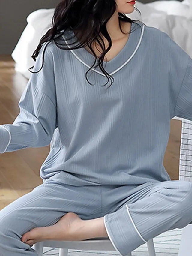 Women's Pajamas Nighty Pjs Sets 2 Pieces Pure Color Fashion Simple Comfort Home Daily Bed Cotton Breathable Gift V Wire Long Sleeve Pant Elastic Waist Basic Spring Fall Black Light Green