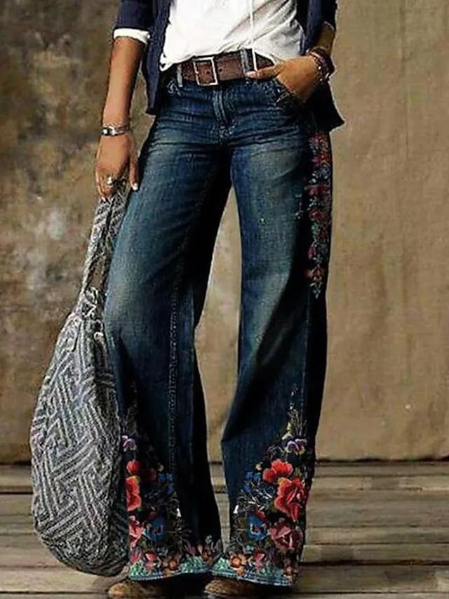Women's Jeans Bootcut Wide Leg Full Length Faux Denim Wide Leg Print Micro-elastic Mid Waist Fashion Casual Weekend flower number 6 flower number 18 S M