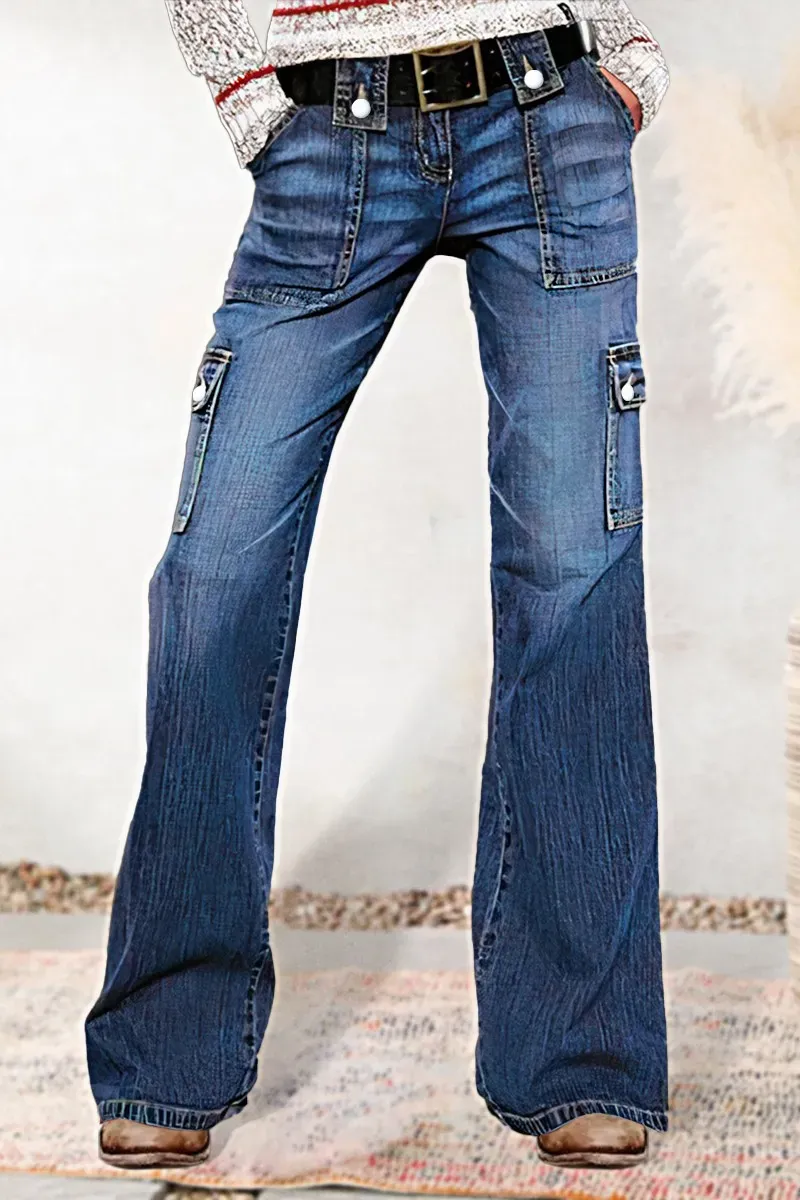 Flap Pocket Low Rise Flare Jeans Without Belt