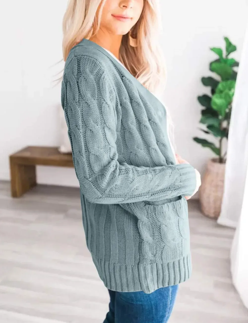 MEROKEETY Women's 2024 Fall Long Sleeve Cable Knit Sweater Open Front Cardigan Button Loose Outerwear