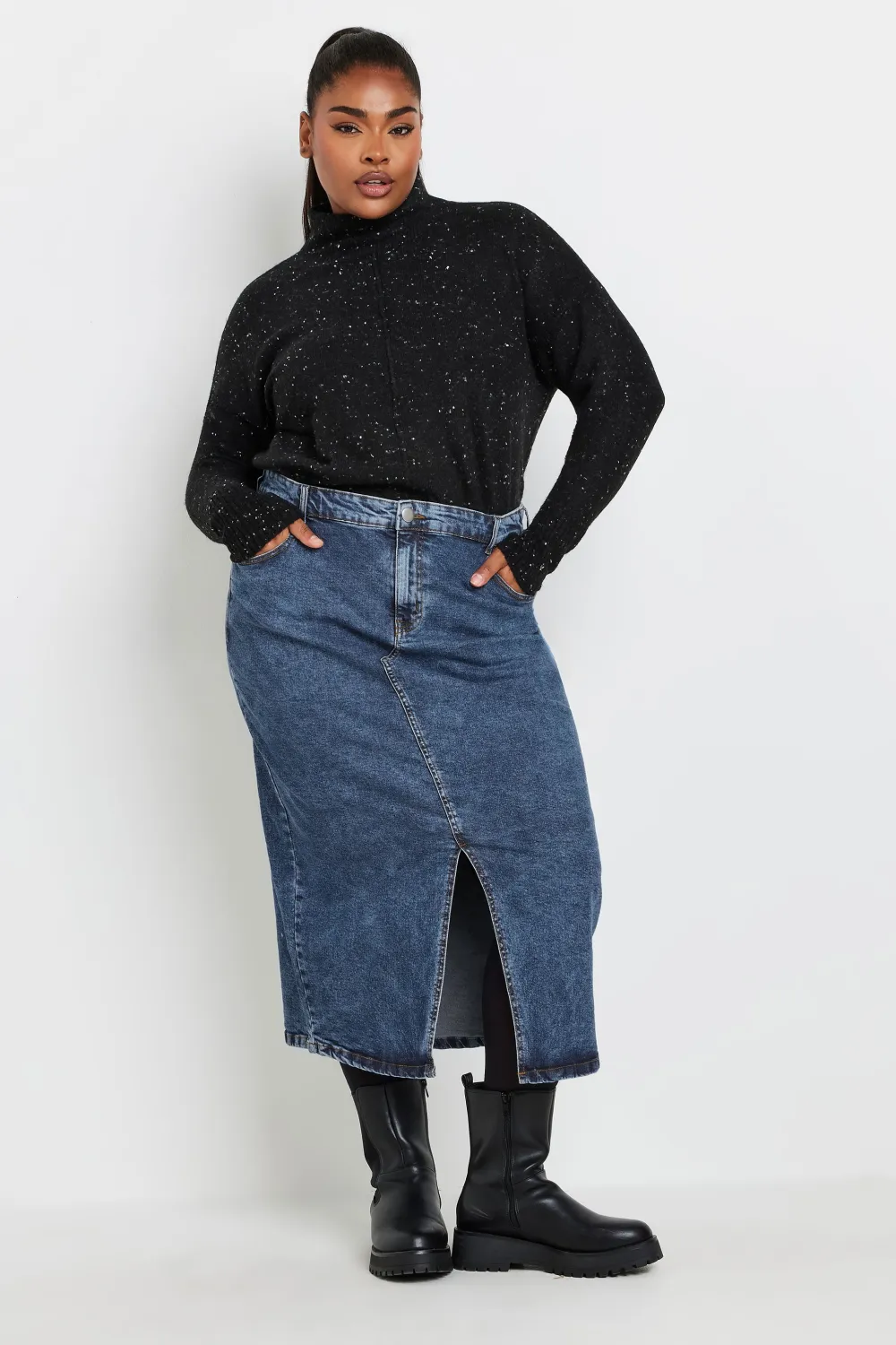 YOURS Curve Black Midi Stretch Denim Skirt