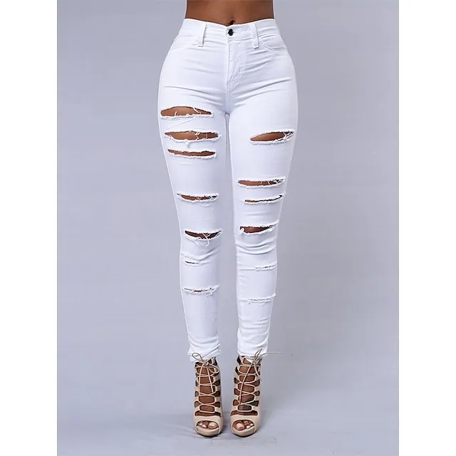 Women's Jeans Trousers Pants Trousers Full Length Denim Side Pockets Cut Out Micro-elastic Mid Waist Fashion Casual Weekend Black White S M Summer Spring &  Fall