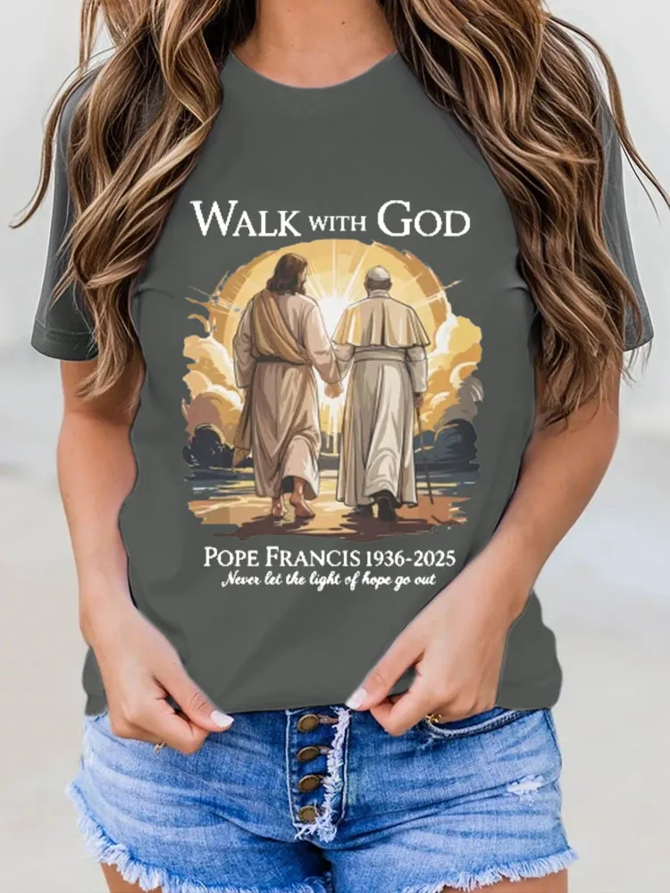 Women's Walk With God Print Short Sleeve Round Neck Cotton T-Shirt