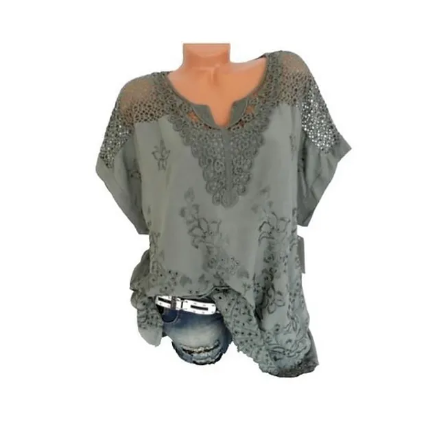 Women's Shirt Blouse Plain Black White Red Embroidered Short Sleeve Daily Going out Weekend Streetwear Basic Casual V Neck Regular Fit Summer Spring