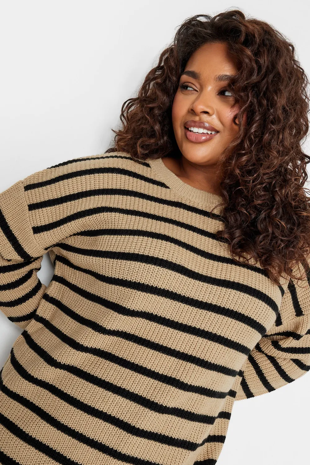YOURS Curve Beige Brown Stripe Drop Shoulder Knitted Jumper