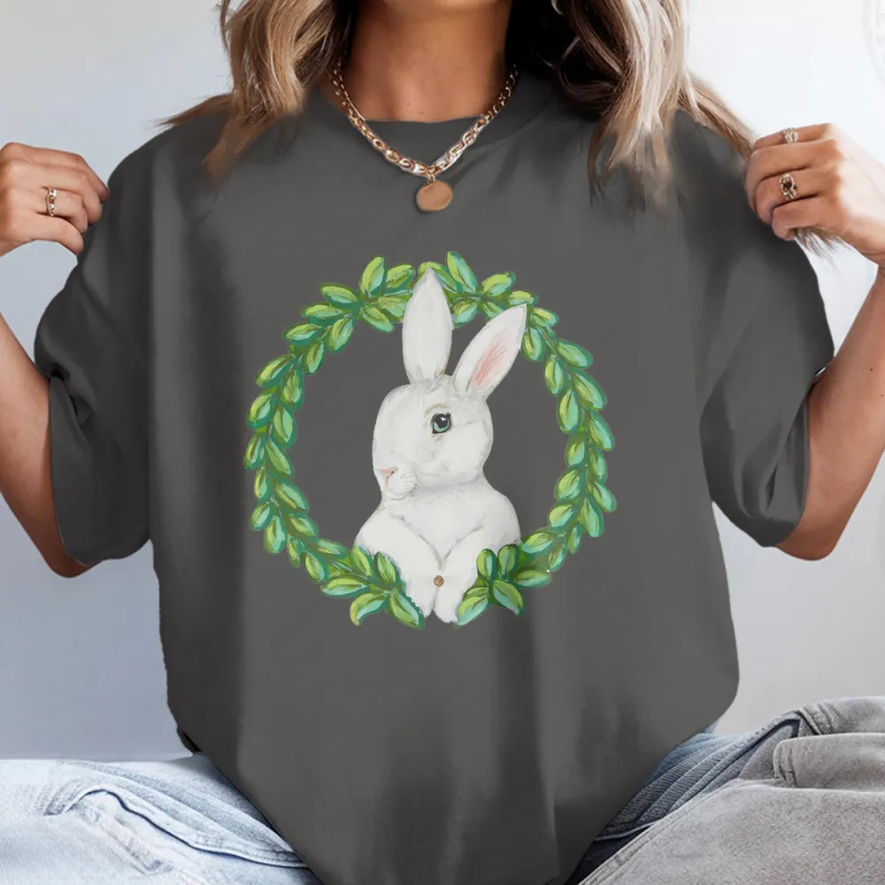 Pattern Of A White Rabbit Surrounded By A Wreath Of Green Leaves, Easter, Casual T-Shirt.