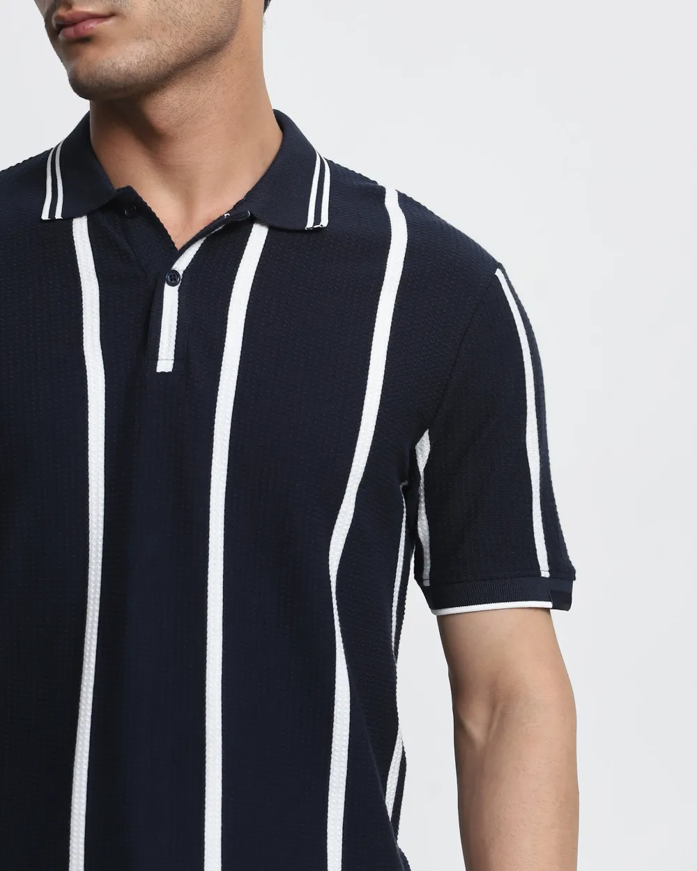 Daily Simple And Slimming Navy Striped Polo Shirt