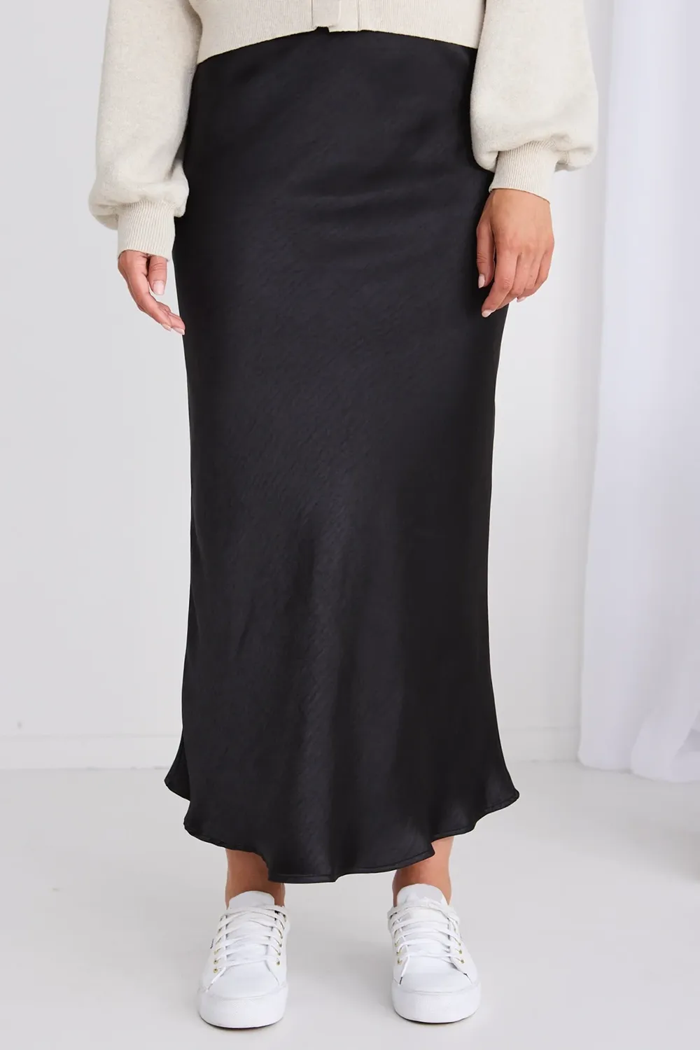 Black Satin Bias Midi Skirt