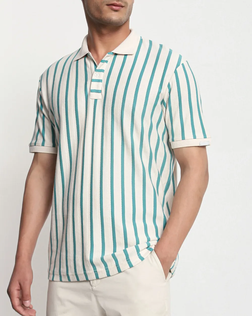 Daily Simple Teal Striped Textured Polo Shirt
