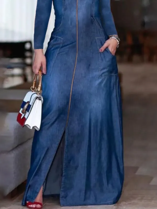 Ursime Turndown Collar Zipper Split Pockets Long Sleeve Denim Maxi Dress