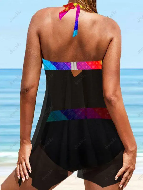 Modest Tankini Swimsuit Rainbow Geometric Print Mesh Twisted Halter Beach Swimwear