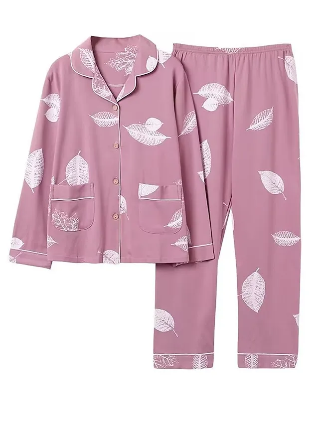 Women's Pajamas Pajama Top and Pant Sets Letter Flower Tights / Leggings Casual Comfort Home Daily Bed Cotton Breathable Lapel Long Sleeve Shirt Pant Button Pocket Summer Fall White Pink