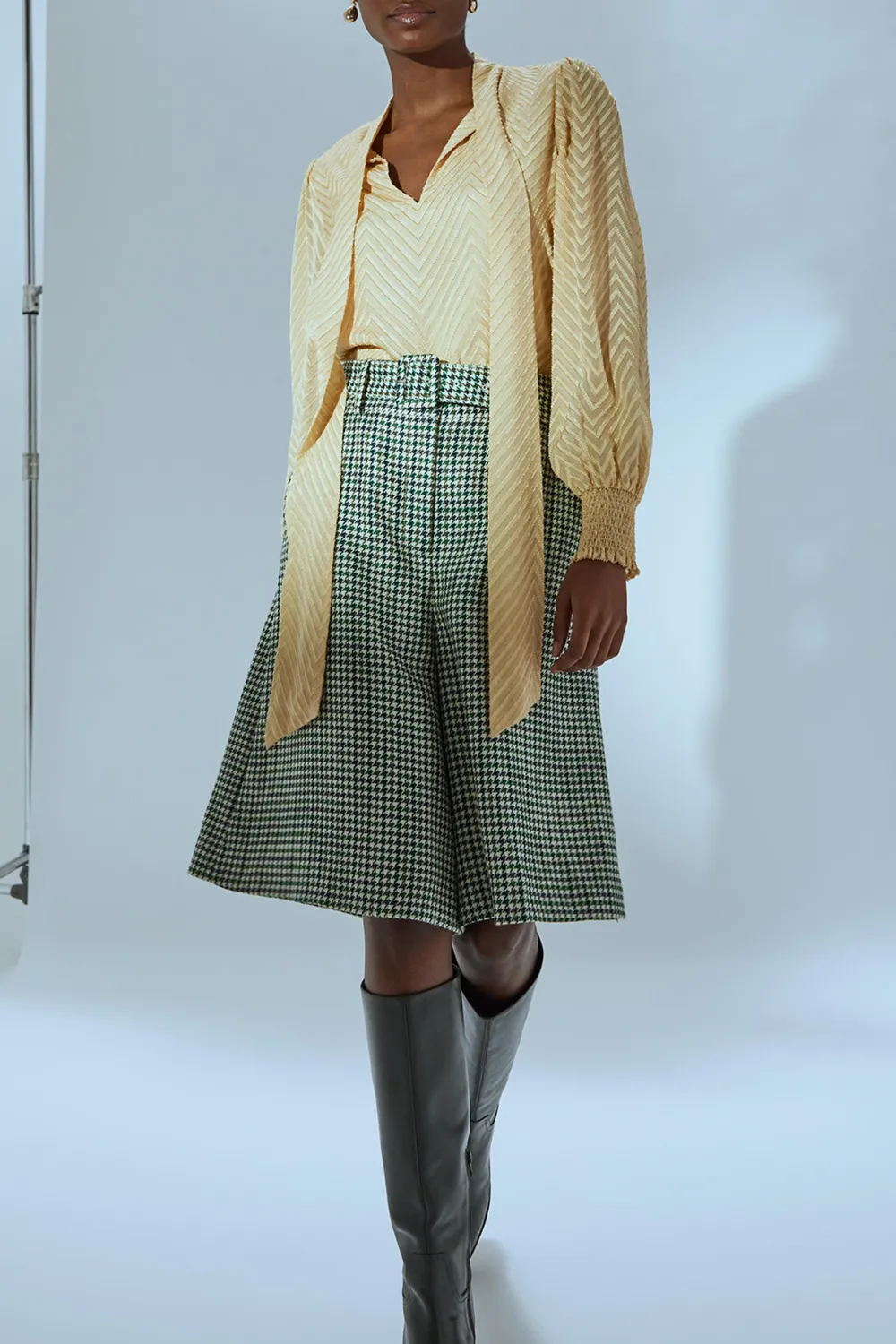 Beige Tie Neck Long Sleeve Textured Blouse