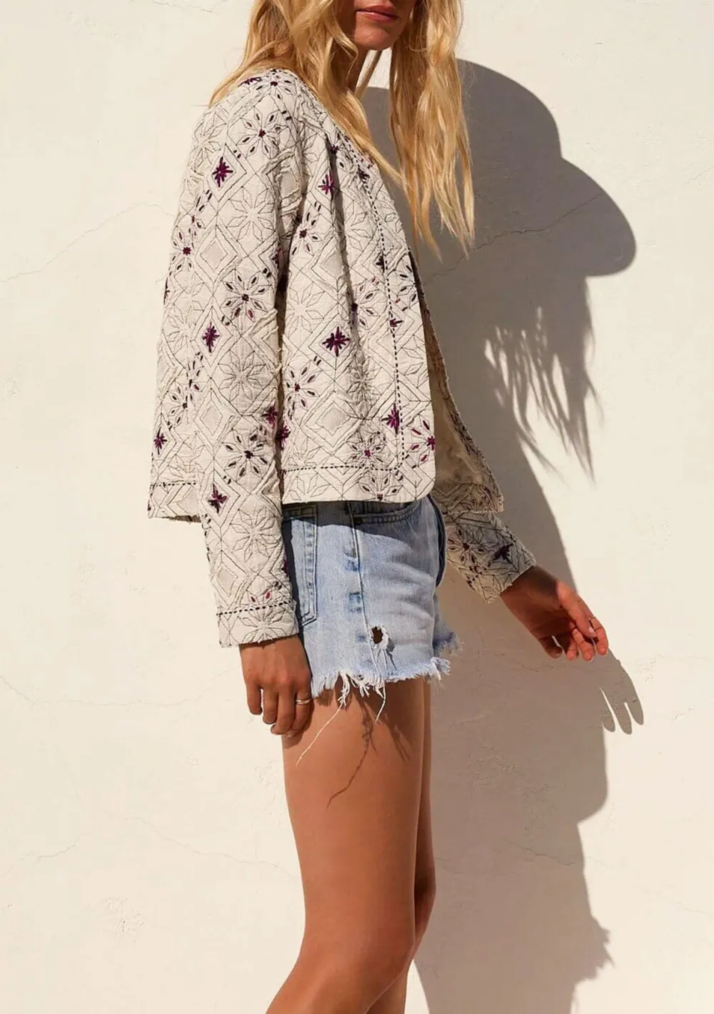 Embroidered Open Front Cropped Jacket