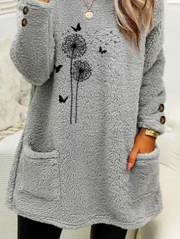 Casual Crew Neck Dandelion Sweatshirt Buttoned