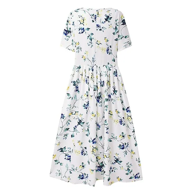 Women's Casual Dress Midi Dress White Blue Green Short Sleeve Floral Ruched Summer Spring Crew Neck Basic Loose Fit 2023 S M L XL XXL 3XL