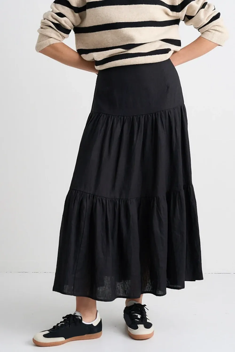 Ruffled Hem Linen Midi Skirt