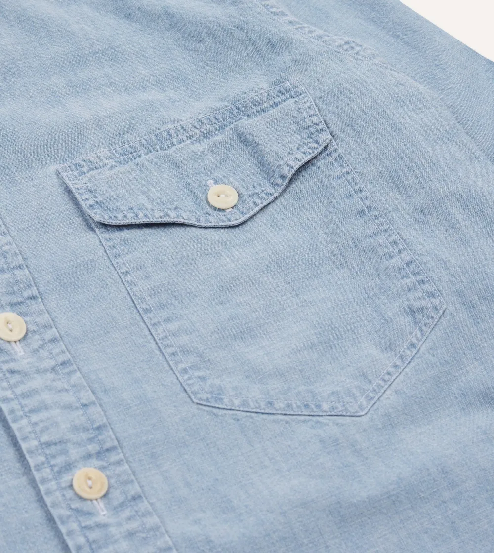 Blue Cotton Chambray Two-Pocket Work Shirt Casual Style