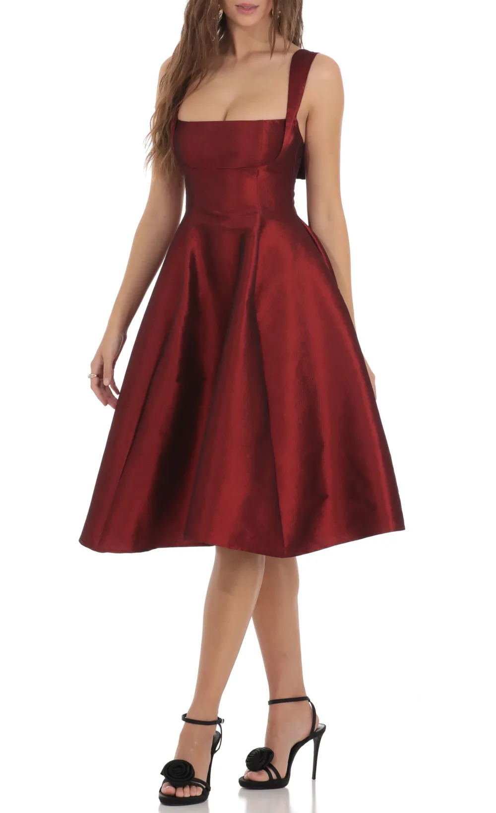 Square Neck Flare Midi Dress in Maroon
