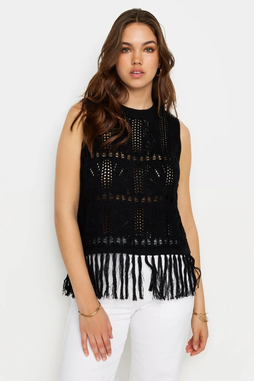 LTS Tall Black Crochet Tassel Vest Top