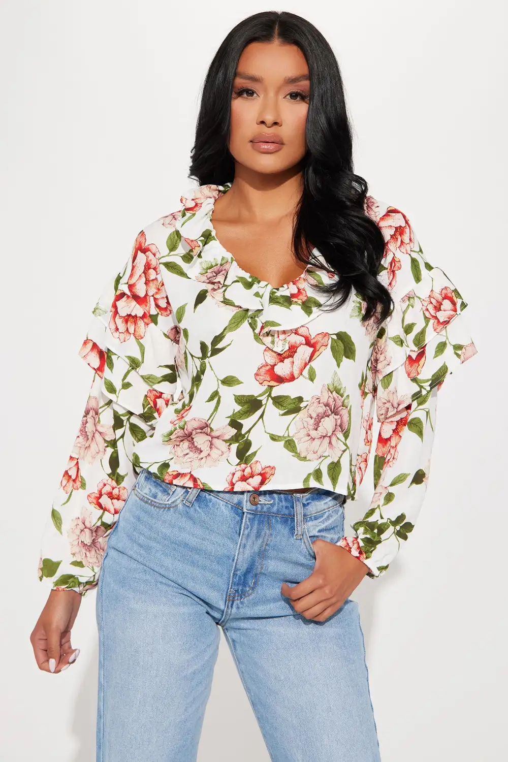 Cambri Floral Blouse Top - Off White
