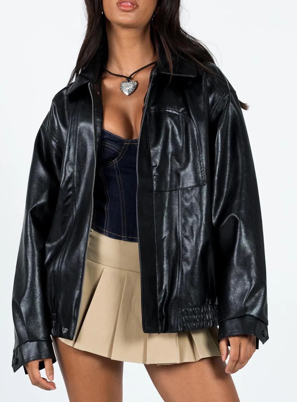 Satin Trim Faux Leather Jacket