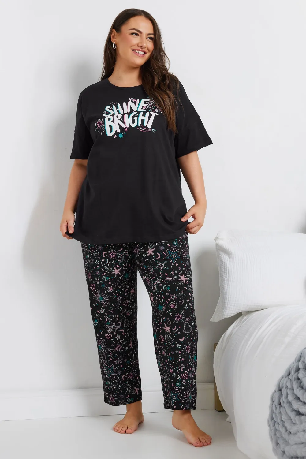 YOURS Curve Black 'Shine Bright' Wide Leg Pyjama Set