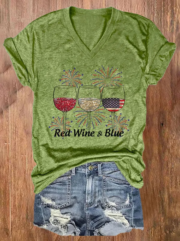 Women'S Red Wine And Blue V-Neck Short-Sleeved T-Shirt
