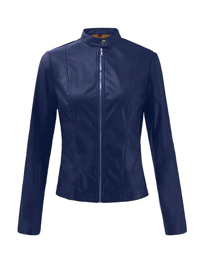 Women's Faux Leather Jacket Clean Fit Faux Motorcycle Moto Biker Coat Plus Size Short Zipper Jacket Light Pink Navy Wine Red ArmyGreen  Chic & Modern Street Fall Collarless Slim Fit S M L XL XXL XXXL