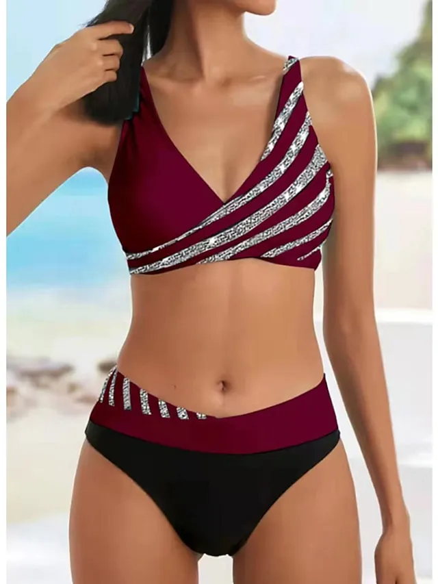 Women's Swimwear Bikini Plus Size Swimsuit 2 Piece Stripe Striped Black Burgundy Blue Lavender Purple Bandeau Bathing Suits Sports Push Up Summer