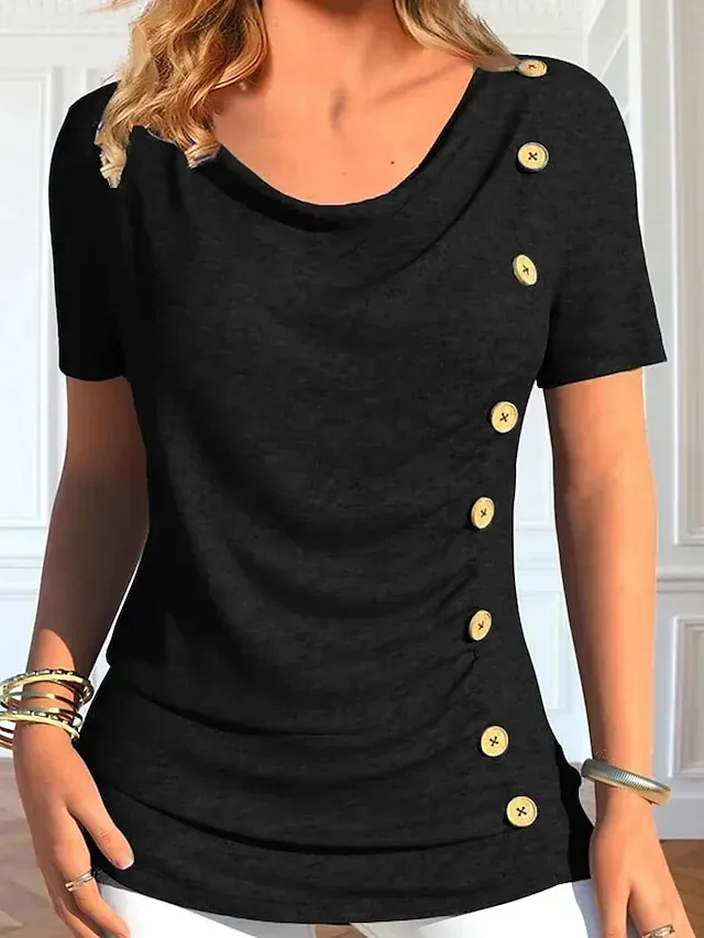 Women's T shirt Tee Blouse Black Red Navy Blue Plain Button Short Sleeve Casual Basic Round Neck Regular S