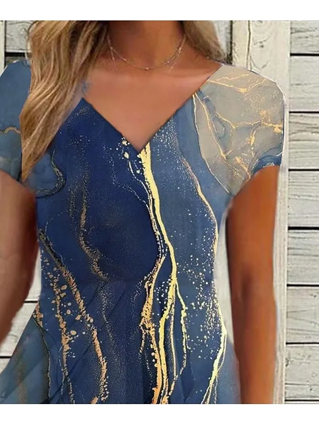 Women's Casual Dress Swing Dress Sundress Midi Dress Blue Short Sleeve Print Print Summer Spring V Neck Fashion Wedding Guest Vacation Summer Dress 2023 S M L XL XXL 3XL