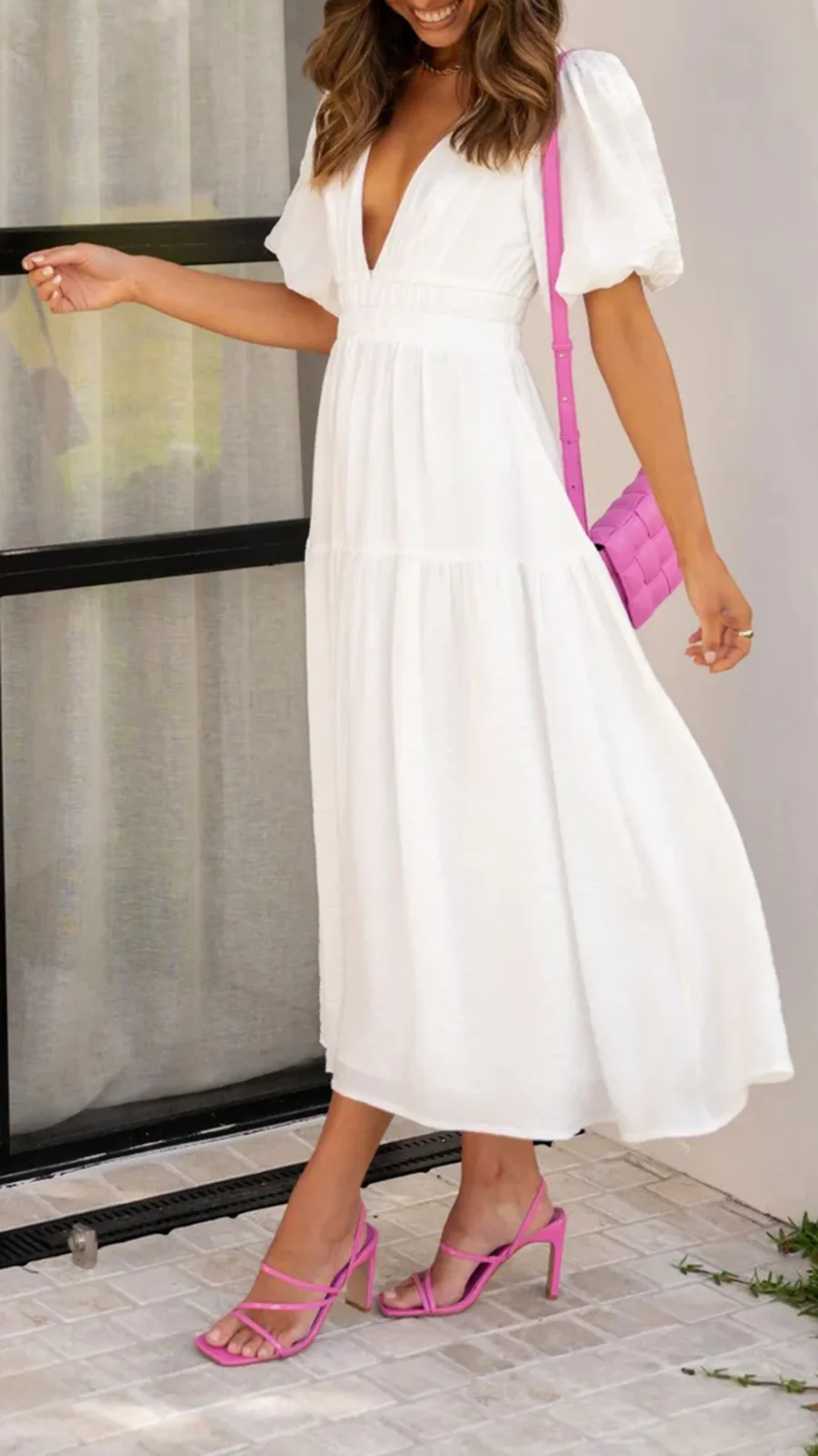 Solid Color Puffy Midi Dress