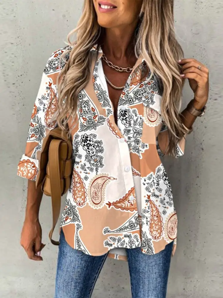 Women 3/4 Sleeve Shirt Collar Floral Printed Animal Print Button Top Shirts